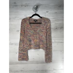 Express Sweater Womens XXS Multicolor Eyelash Knit Fuzzy Cropped V Neck Pullover